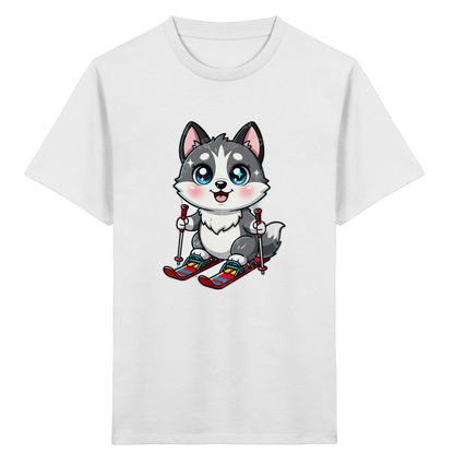 Husky-Welpe auf Skiern – Kinder Bio-T-Shirt