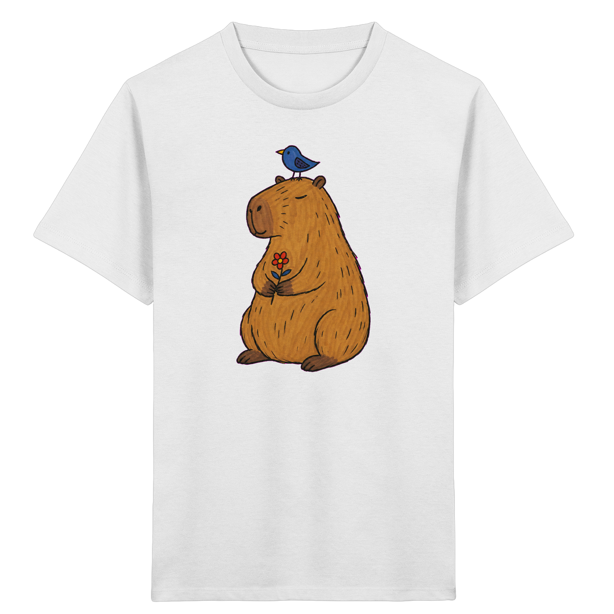 Süßes Capybara T-Shirt mit Vogel - Kinder Bio T-Shirt