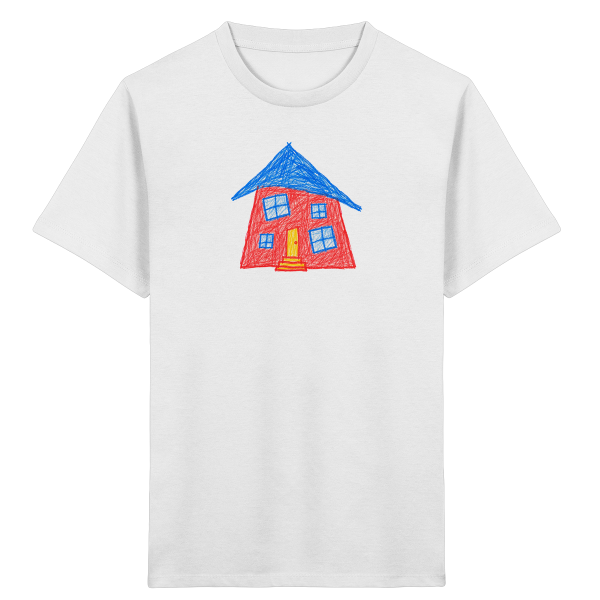 Korallenrotes Haus mit blauem Dach - Kinder Bio T-Shirt