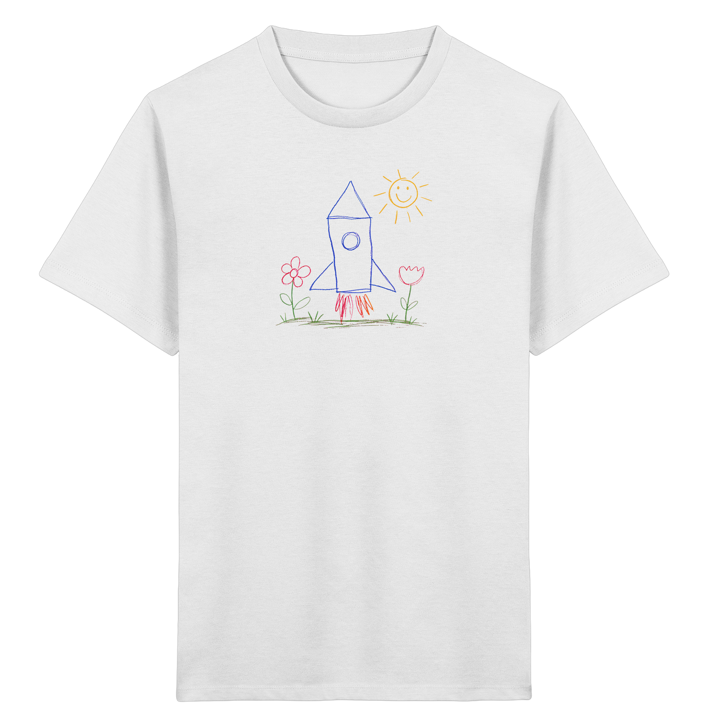 Fröhliches Raketen T-Shirt mit Kinderzeichnung - Kinder Bio T-Shirt