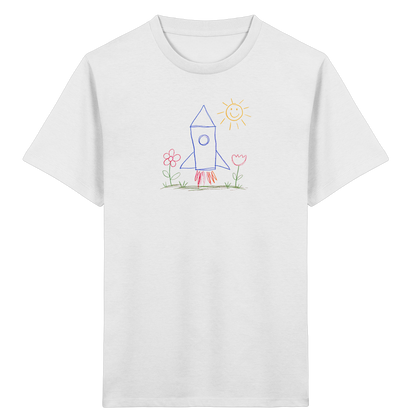Fröhliches Raketen T-Shirt mit Kinderzeichnung - Kinder Bio T-Shirt