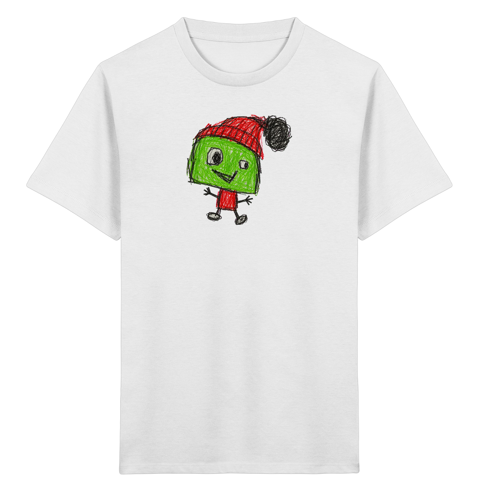 Kinder-T-Shirt mit Kritzelkopf und roter Bommelmütze
