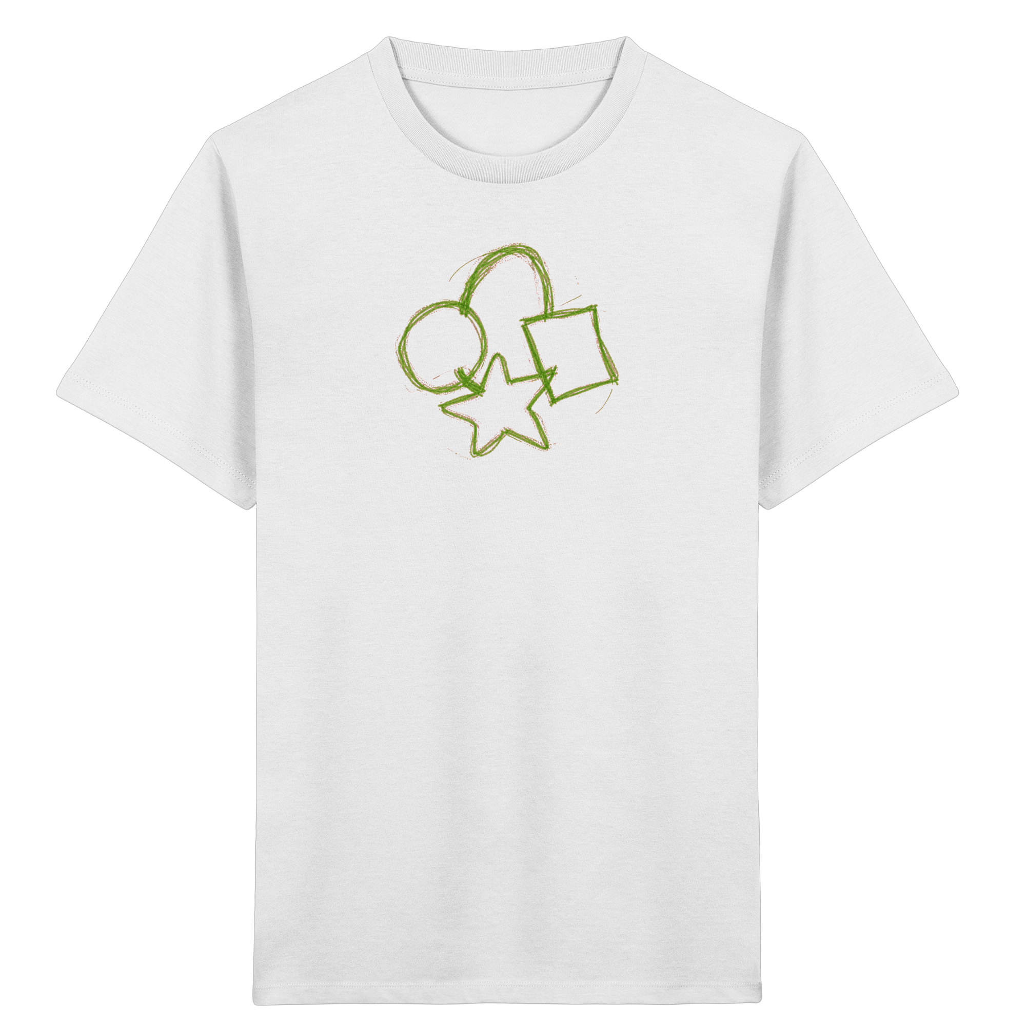 Kinder T-Shirt mit grüner Formenfamilie und Ranzen