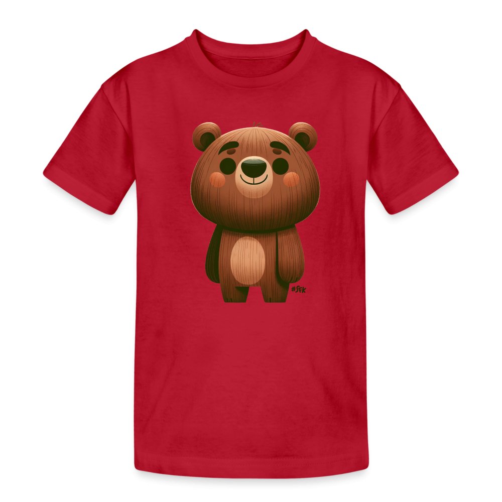 Onlineshop Shirts für Kinder - Das Bild zeigt ein rotes T-Shirt mit einem niedlichen, cartoonhaften Bärenmotiv in der Vorderansicht. Der Bär hat einen runden Kopf mit großen Augen und einem breiten Lächeln, was ihm ein freundliches Aussehen verleiht. Der Körper des Bären ist in verschiedenen Brauntönen gehalten und wirkt aufgrund der Textur wie aus Holz geschnitzt. Das T-Shirt ist einfach geschnitten und hat kurze Ärmel, was es ideal für Kinder macht.