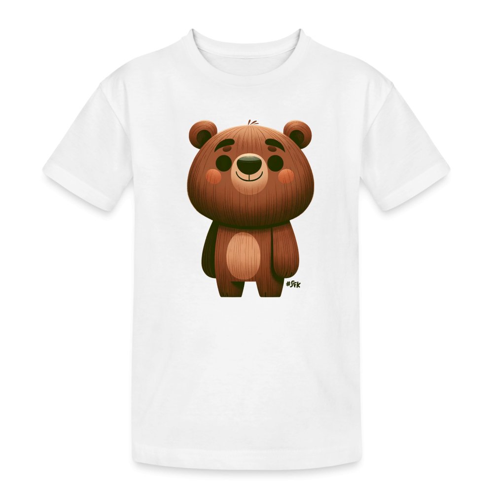 Onlineshop Shirts für Kinder - Das Bild zeigt ein weißes T-Shirt, auf dem ein niedlicher, cartoonartiger Bär gedruckt ist. Der Bär hat eine runde Form, große Augen und ein freundliches Gesicht, das ihn besonders ansprechend für Kinder macht. Die Farben sind hauptsächlich in Brauntönen gehalten, mit einem sanften Verlauf, der dem Bären ein flauschiges Aussehen verleiht. Das Design ist einfach und kinderfreundlich, ideal für einen lässigen Look.