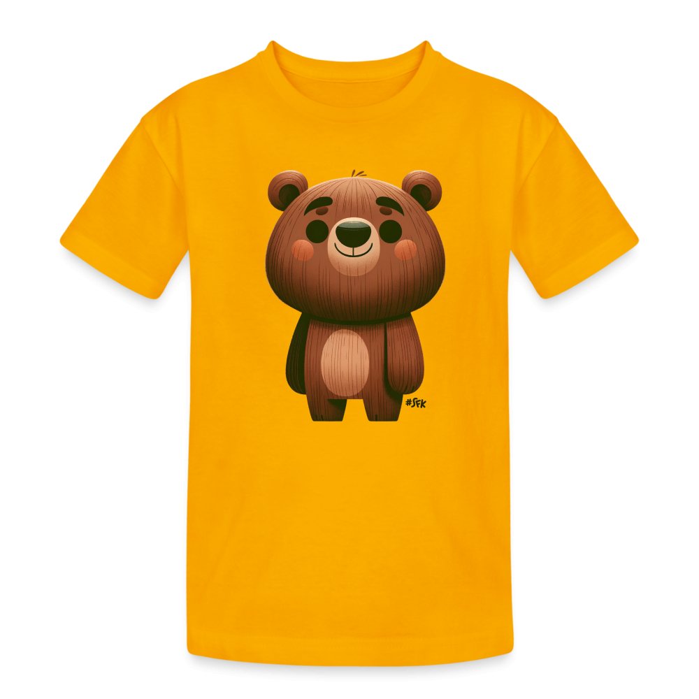 Onlineshop Shirts für Kinder - Das Bild zeigt ein leuchtend gelbes T-Shirt mit einem bunten, cartoonhaften Bärenmotiv auf der Vorderseite. Der Bär hat eine runde Form, große Augen und einen lächelnden Ausdruck, was ihn sehr freundlich wirken lässt. Die Details im Design umfassen eine Holzstruktur im Bärenfell, die dem Motiv eine verspielte Note verleiht. Das T-Shirt ist einfach geschnitten und scheint für Kinder geeignet zu sein, um einen fröhlichen Look zu bieten.