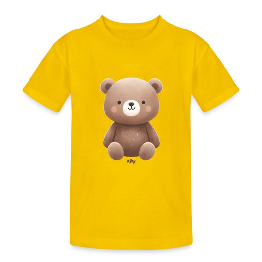 Onlineshop Shirts für Kinder - Das Bild zeigt ein gelbes Kindertshirt, auf dem ein niedlicher, cartoonartiger Bär abgebildet ist. Der Bär hat eine braune Farbe mit einem runden Gesicht und großen, freundlichen Augen. Die Darstellung des Bären vermittelt eine spielerische und freundliche Ausstrahlung, die bei Kindern beliebt ist. Das Shirt hat einen klassischen Schnitt und eignet sich gut für den Alltag oder Freizeitaktivitäten.