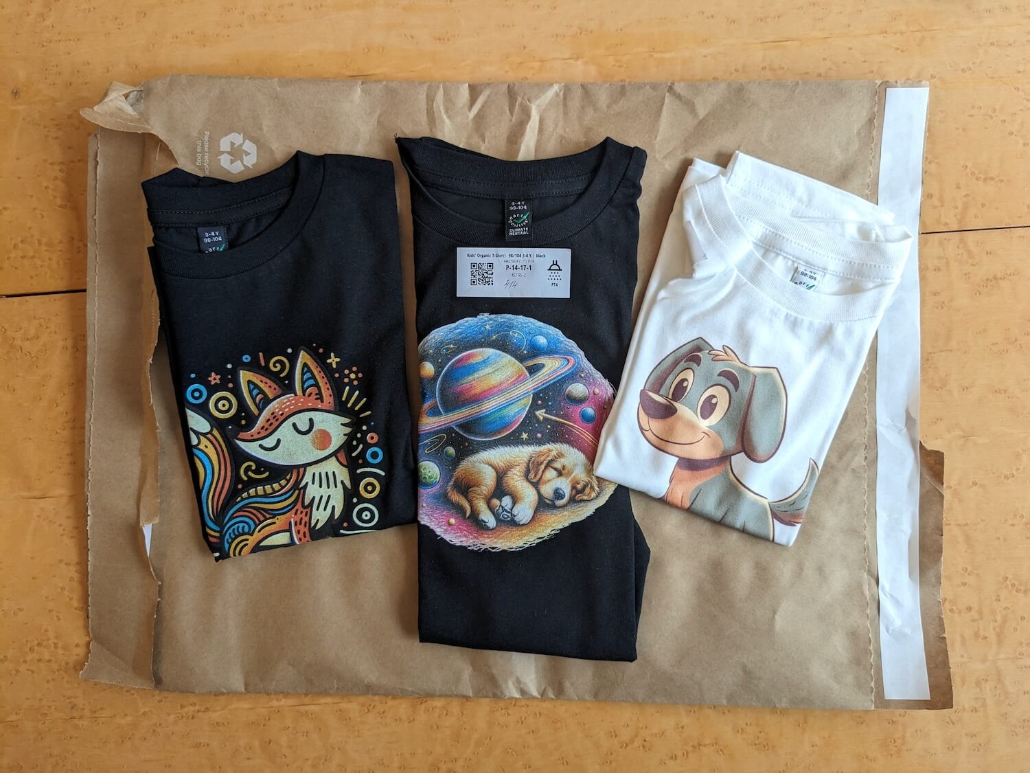 Das Bild zeigt drei gefaltete T-Shirts nebeneinander auf einer Holzoberfläche. Das linke Shirt ist schwarz und zeigt ein buntes, stilisiertes Fuchsdesign, das mittlere ist ebenfalls schwarz und ziert ein gedrucktes, realistisches Weltraum-Motiv mit einem Planeten und einem schlafenden Welpen, das rechte Shirt ist weiß und stellt einen lächelnden Cartoon-Hund dar. Die drei T-Shirts variieren in ihrem Design stark, von abstrakt und farbenfroh bis hin zu realistisch und cartoonhaft.