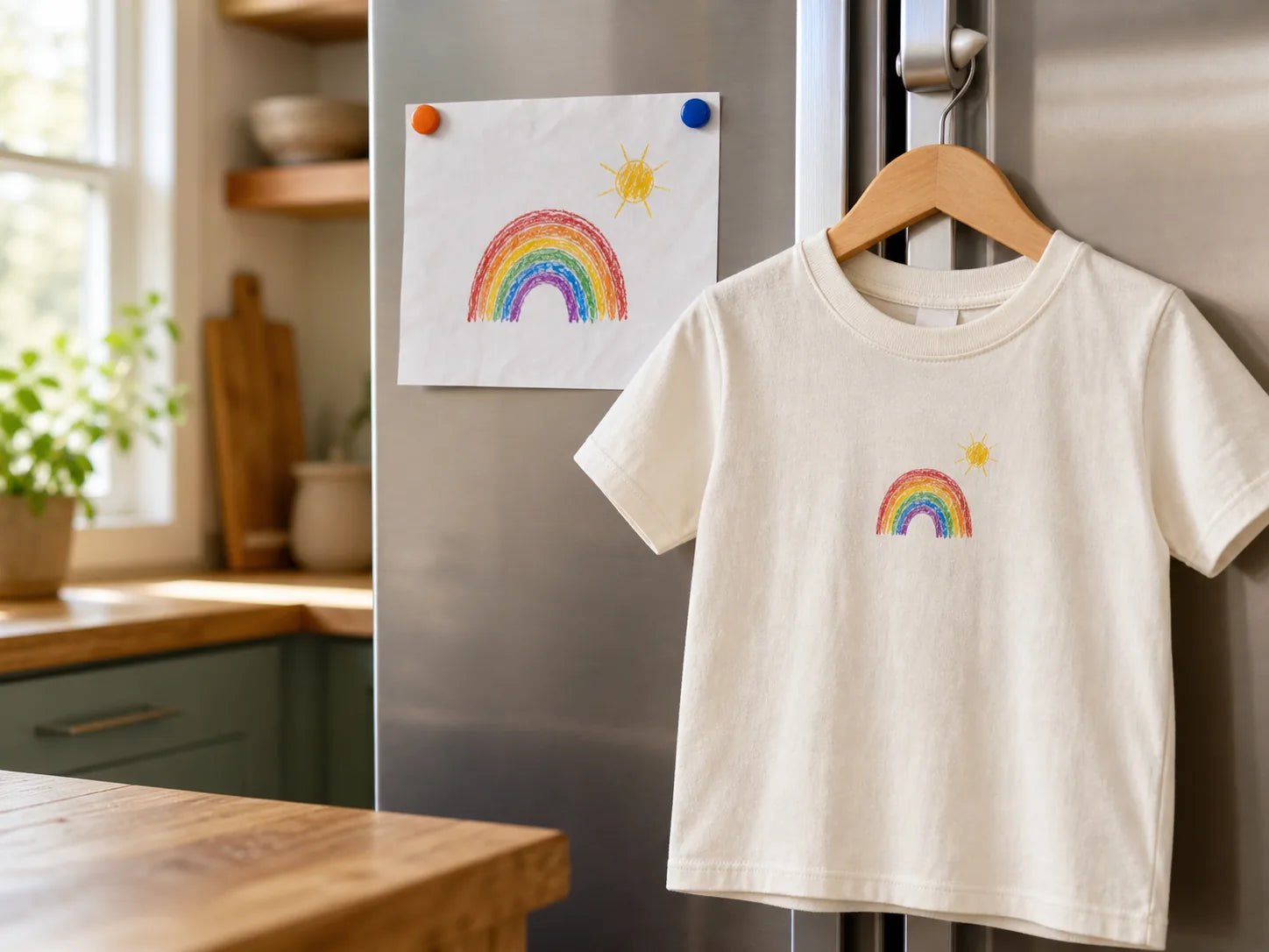 Kinderzeichnung mit Regenbogen und Sonne hängt an einer Kühlschranktür, daneben dasselbe Motiv gedruckt auf einem hellen Kindershirt auf einem Holzbügel